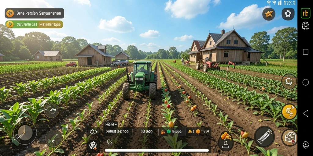 Screenshot menunjukkan petani sibuk merawat ladang dengan tanaman subur.