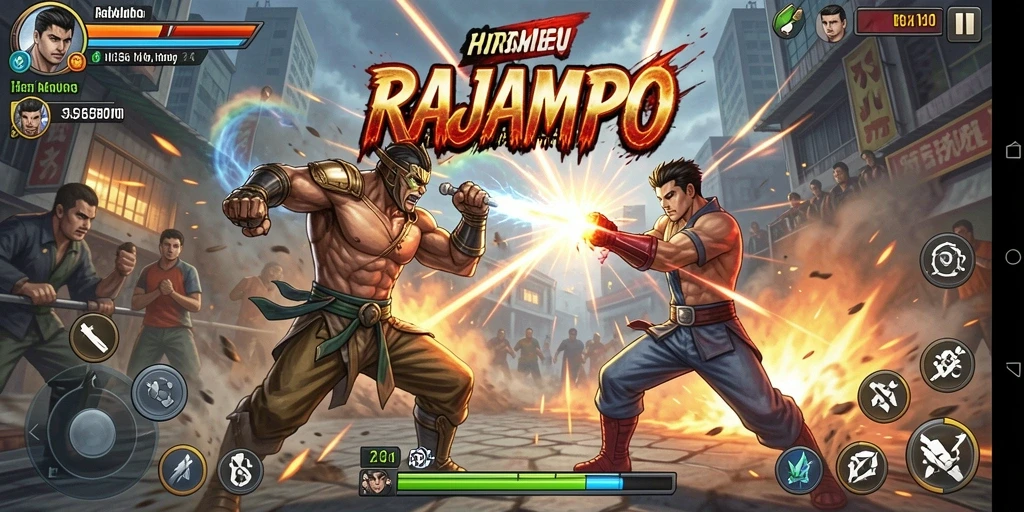 Screenshot RAJAMPO menunjukkan aksi pertarungan yang intens dan dinamis.