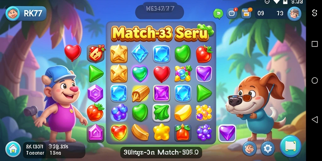 Screenshot utama RK77 menampilkan permainan Match-3 yang seru dan penuh warna.