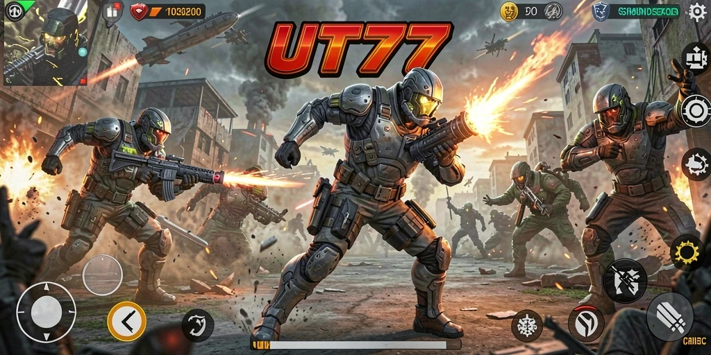 Screenshot UT77 menunjukkan pertarungan aksi yang mendebarkan.